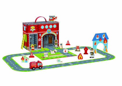 Požární stanice s dráhou v kufříku 18 ks Tooky Toy