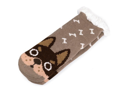 Dětské ponožky zimní s protiskluzem zvířátka hnědá