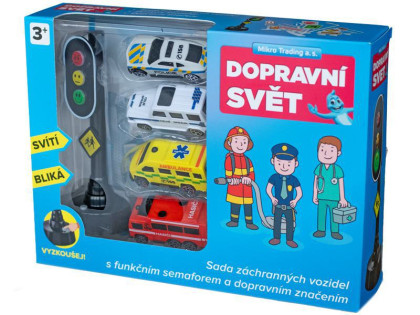 Sada aut 4 ks 7 cm s dopravními značkami a semaforem na baterie se světlem