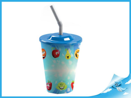 Kelímek plastový ovoce 11cm s víčkem a brčkem