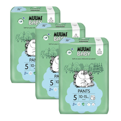 Jednorázové eko pleny Pants 5 Maxi+ 10-15 kg (114 ks), měsíční balení Muumi baby