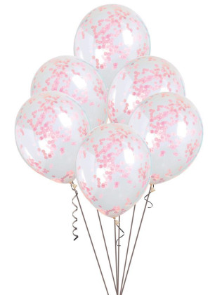 Balónek transparentní 30 cm potisk - Růžové konfety, 6 ks