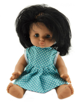 Panenka miminko holčička 30 cm pevné tělíčko tyrkysové šatičky s puntíky