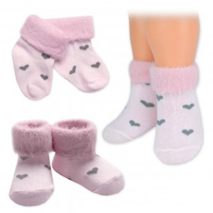 Bavlněné dětské ponožky s chlupáčkovým lemem, Srdíčka - růžové, 1 pár