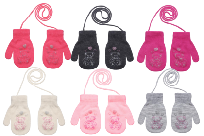 Pletené zimní rukavice se šňůrkou medvídek 3 - 6 let