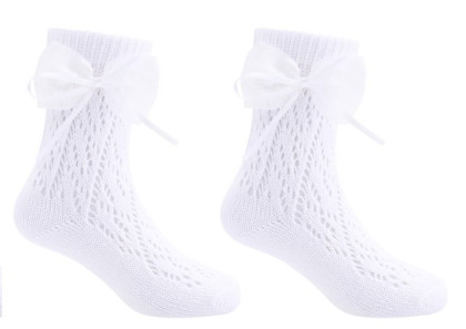 Ažurové ponožky bílé se saténovou mašličkou perforované