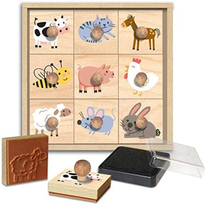 Dřevěná razítka s držákem Farma 9 ks