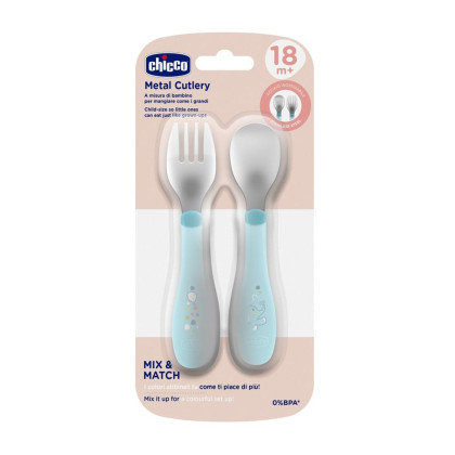 Lžička a vidlička nerez - teal 18 m+ Chicco