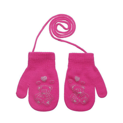 Pletené zimní rukavice se šňůrkou medvídek 3 - 6 let