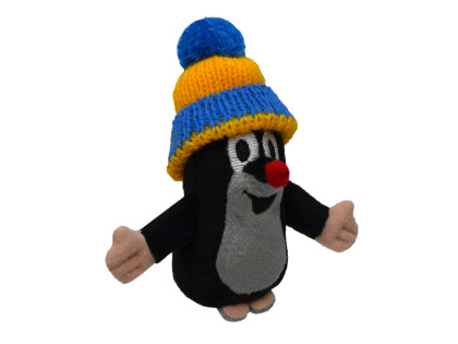 Krtek 10 cm prstový maňáseks kulichem modro-žlutý