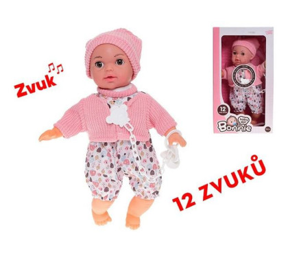 Miminko 30 cm mrkací měkké tělo na baterie 12 zvuků s dudlíkem