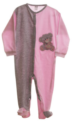 Kojenecký overal dlouhý rukáv/nohavice růžový/šedy + medvídek