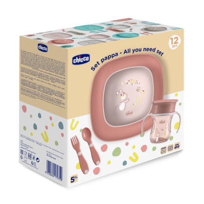Set jídelní - miska, talíř, láhev a příbor 12 m+ Chicco