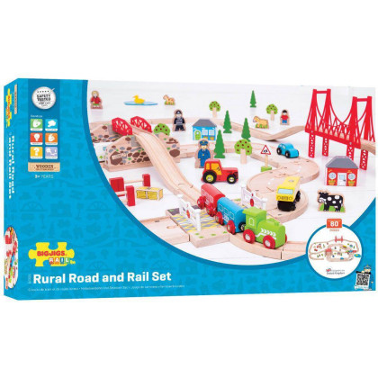 Dřevěná vláčkodráha s venkovskou cestou 80 dílů Bigjigs Rail