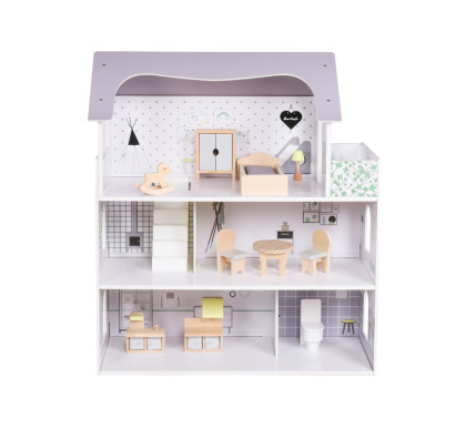 Dřevěný domeček pro panenky s nábytkem Rose Montessori Baby Mix