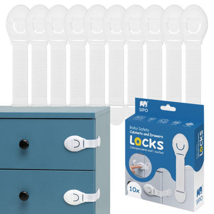 Bezpečnostní zámek (pásek) na skříňky a zásvuky, sada 10 ks textilní-bílá Sipo