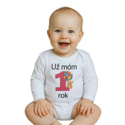 Body s potiskem New Baby Už mám 1 rok růžové, vel. 80