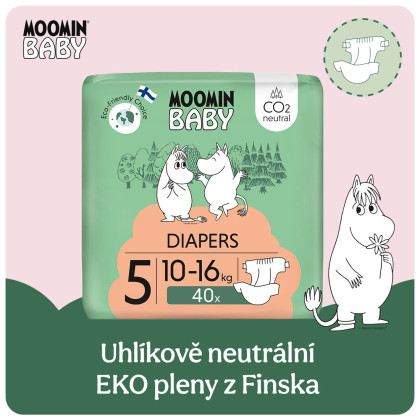Jednorázové eko pleny 5 Maxi 10–16 kg (120 ks), měsíční balení eko plen Moomin Baby
