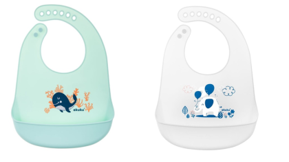 Nastavitelný dětský silikonový bryndák s kapsičkou Akuku