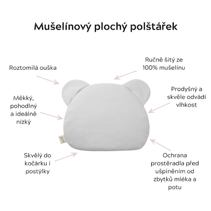 Mušelínový plochý polštář Teddy Bear Sleepee Love béžový se srdíčky