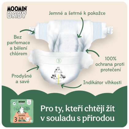 Jednorázové eko pleny 3 Midi 5–8 kg (144 ks), měsíční balení eko plen Moomin Baby