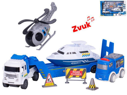Auto nákladní 30 cm na setrvačník na baterie se zvukem + vozidla policie 3 ks