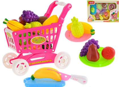 Růžový nákupní vozík s ovocem a doplňky 