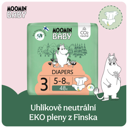 Jednorázové eko pleny 3 Midi 5–8 kg (144 ks), měsíční balení eko plen Moomin Baby