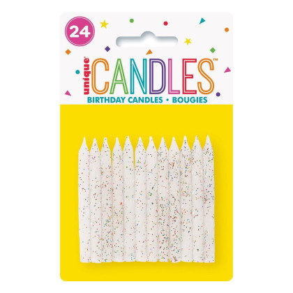 Svíčky dortové - bílé barevně třpytivé spirály, 24 ks 