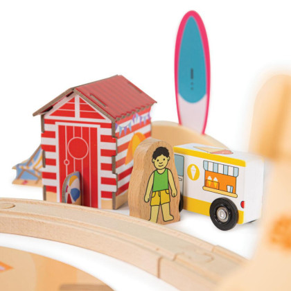 Dřevěná vláčkodráha Úklid pobřeží 70 dílů Bigjigs Rail