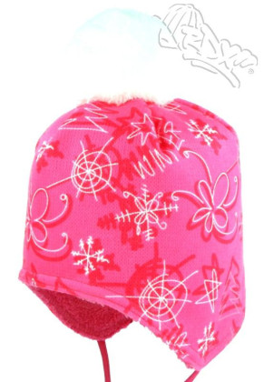 Zimní čepice na uši s bambulí na zavazování zimní vzory neon. růžová RDX