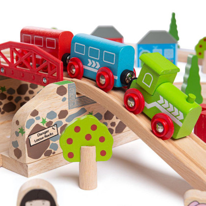 Dřevěná vláčkodráha s venkovskou cestou 80 dílů Bigjigs Rail