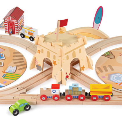 Dřevěná vláčkodráha Úklid pobřeží 70 dílů Bigjigs Rail