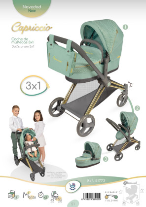 Skládací kočárek pro panenky 3 v 1 s taškou Capriccio 73 cm DeCuevas
