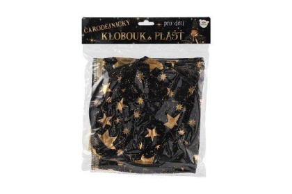 Klobouk čarodějnický + plášť černo-zlatý, průměr 38 cm