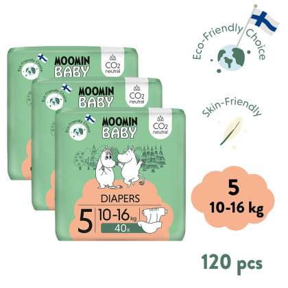 Jednorázové eko pleny 5 Maxi 10–16 kg (120 ks), měsíční balení eko plen Moomin Baby