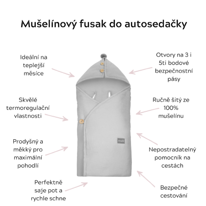 Lehký mušelínový fusak/zavinovačka/deka do autosedačky Sleepee
