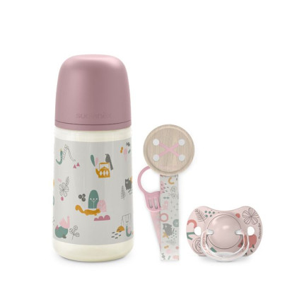 Sada láhev 270 ml + dudlík fyziologický 0 - 6 m + klip Walk Suavinex