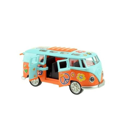 Autobus retro kov/plast 12 cm na baterie se zvukem a se světlem na zpětné natažení
