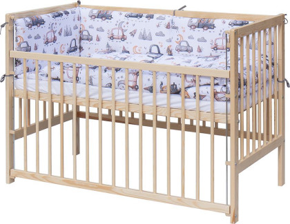 Dětská postýlka s kompletní výbavou borovice přírodní 120 x 60 cm Autíčka šedá Scarlett