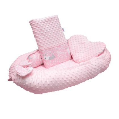 Luxusní hnízdečko s polštářkem a peřinkou New Baby z Minky Králíčci růžové