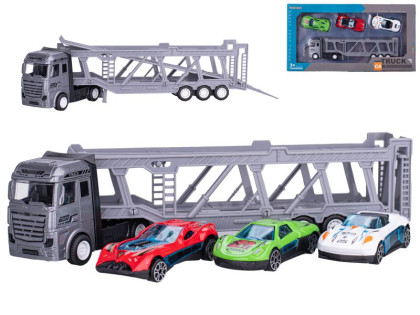 Přepravník aut 22 cm kov volný chod s auty 3 ks