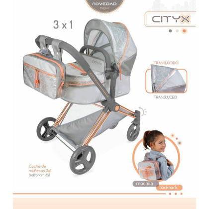 Skládací kočárek pro panenky 3 v 1 s batůžkem City X 2024 - 73 cm DeCuevas