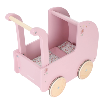 Kočárek pro panenky dřevěný s peřinkou Pink Little Dutch