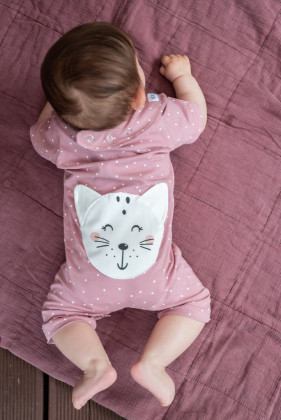 Dětský overal s krátkým rukávem Kočka Dots růžová vel. 62/68 Moniel
