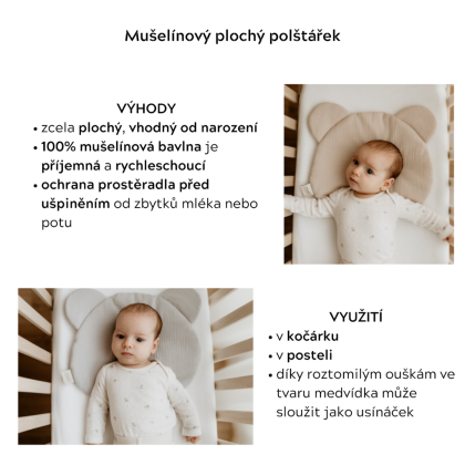 Mušelínový plochý polštář Teddy Bear Sleepee Love béžový se srdíčky