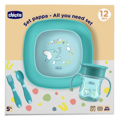 Set jídelní - miska, talíř, láhev a příbor 12 m+ Chicco
