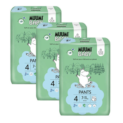 Jednorázové eko pleny Pants 4 Maxi 7-11 kg (120 ks), měsíční balení Muumi Baby