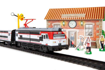 Pequetren 685 Příměstský vlak Renfe se stanicí a čepicí výpravčího