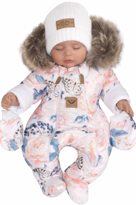 Zimní kombinéza s dvojitým zipem, kapucí a kožešinou + rukavičky Angel růžičky Z&Z